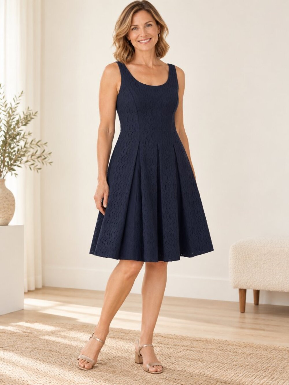 Lord & Taylor Navy Eyelet Fit-and-Flare Mini Dress
